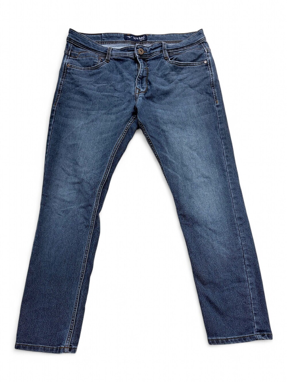 Blue Bird Mens Straight Leg Jeans Waist 38 Mid Wash Blue Stretch Cotton Denim
